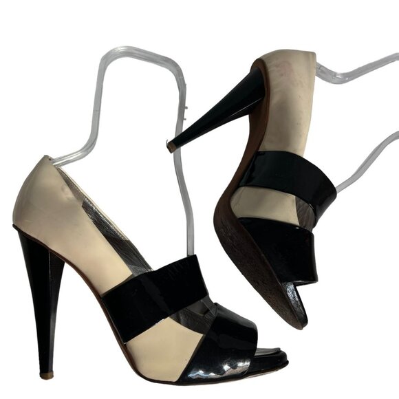 Giuseppe Zanotti high heel sandals patent leather black cream white peep toe - Picture 7 of 16
